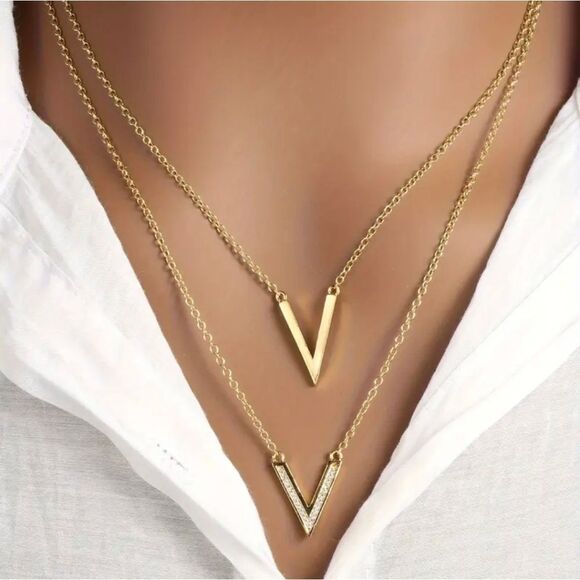 Gold Double Triangle V Pendant Necklace - Picture 1 of 6